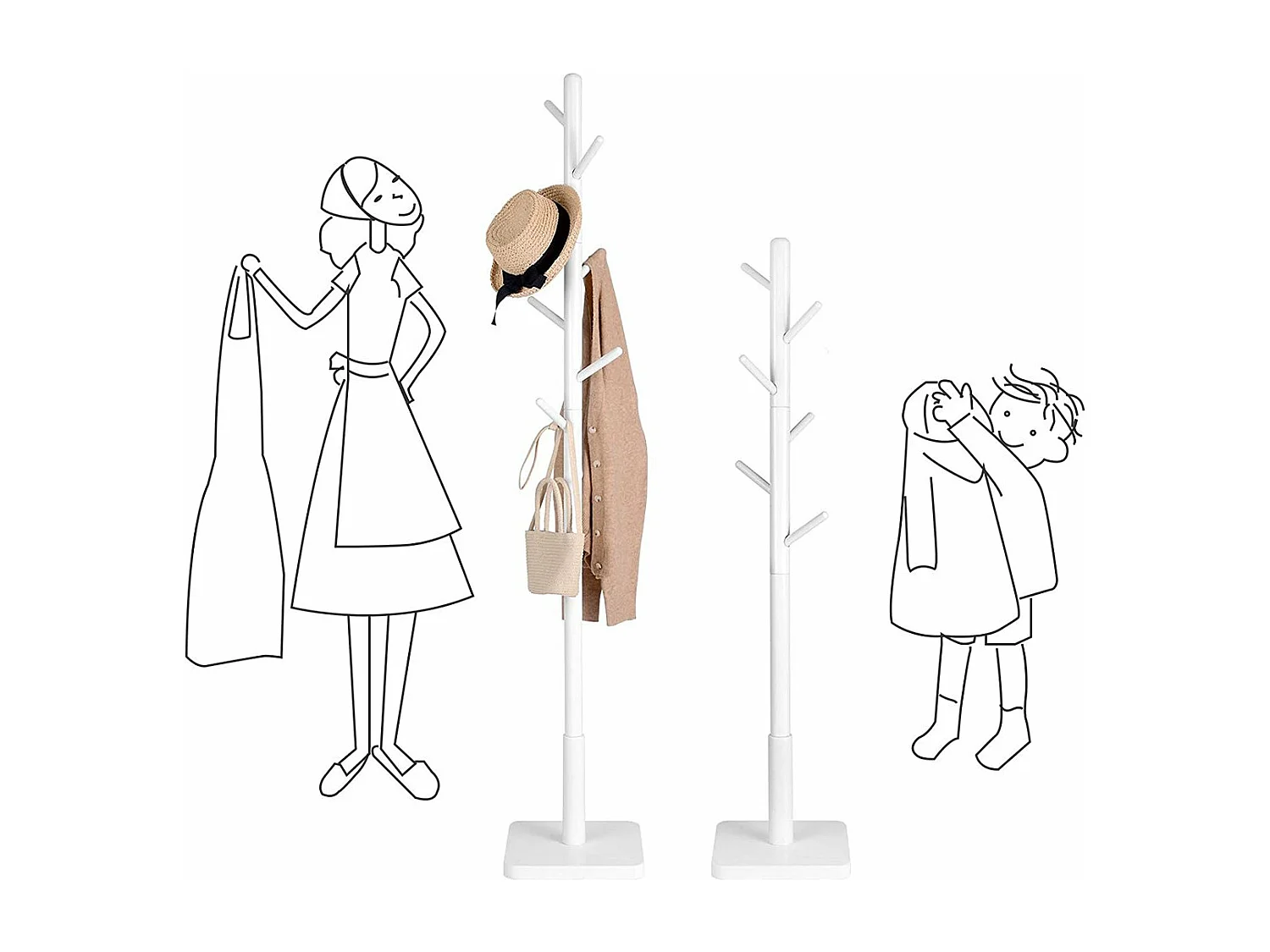 Garderobenständer aus weißem Gummibaumholz mit 8 Haken - H175 cm
