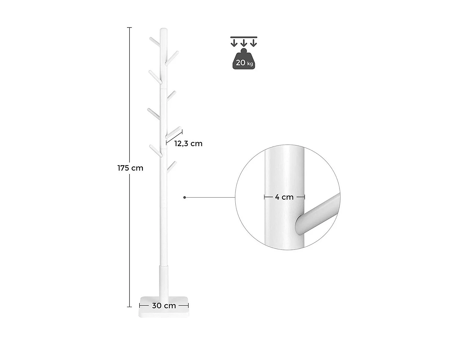 Kapstok op poten van wit hevea hout met 8 haken - H 175 cm