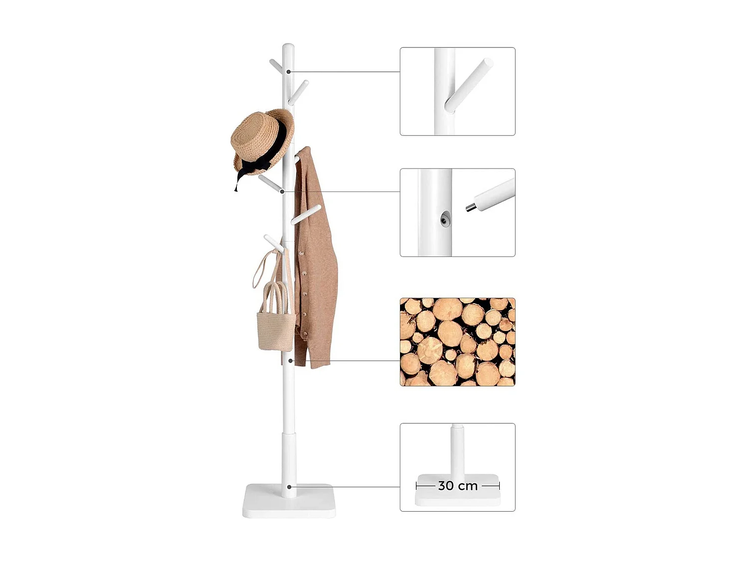 Kapstok op poten van wit hevea hout met 8 haken - H 175 cm