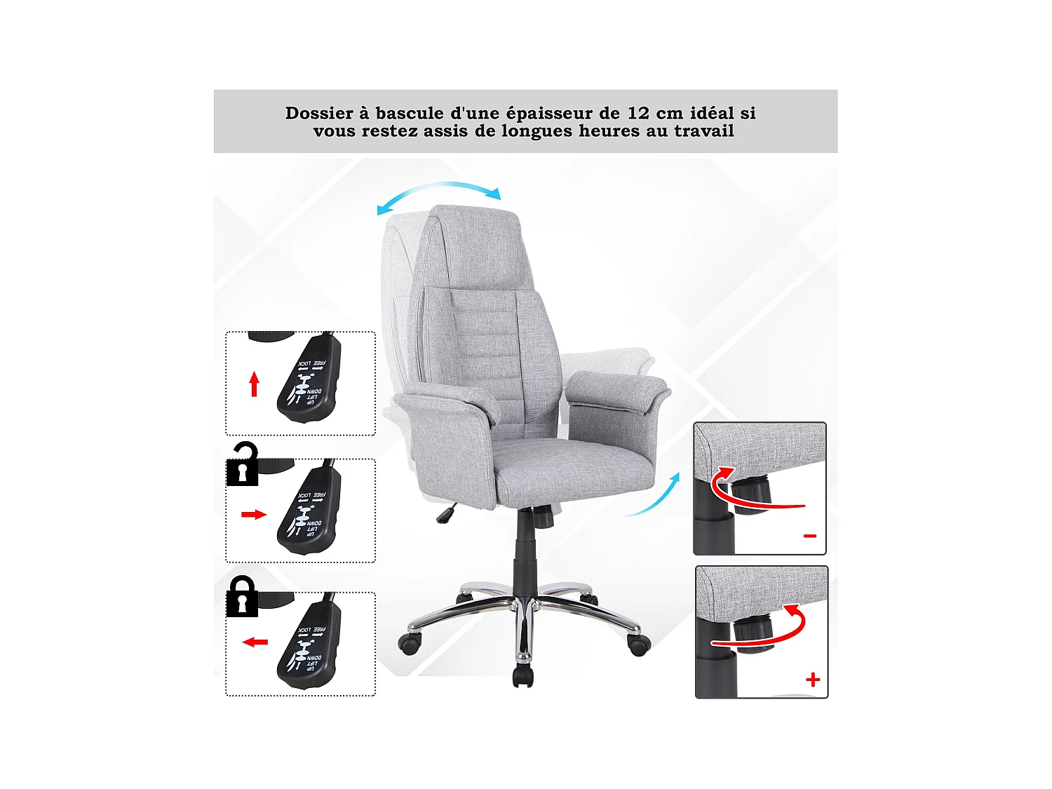 Fauteuil de bureau ergonomique hauteur réglable roulettes pivotantes 69 x 68 x 126 cm gris