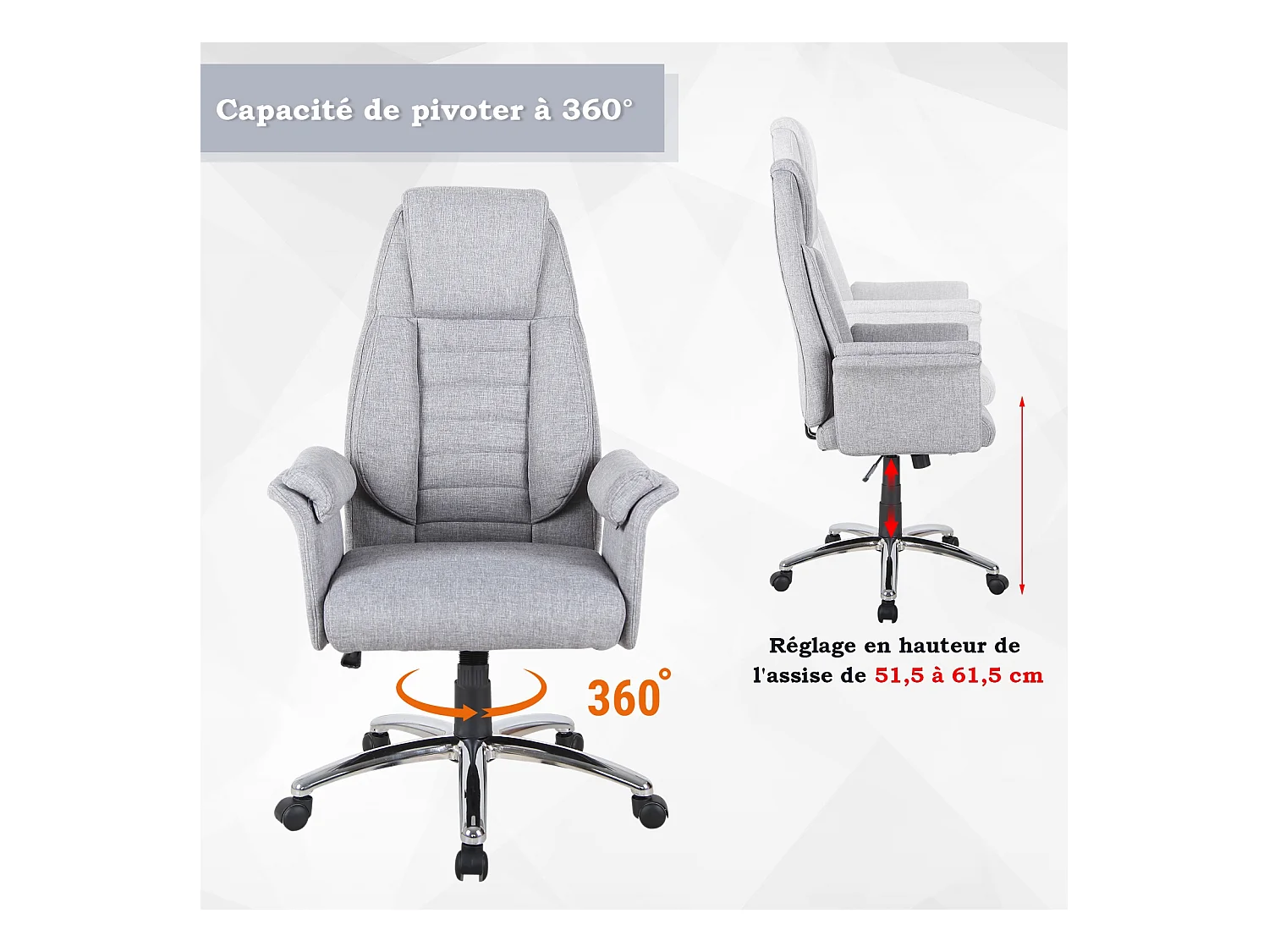 Fauteuil de bureau ergonomique hauteur réglable roulettes pivotantes 69 x 68 x 126 cm gris