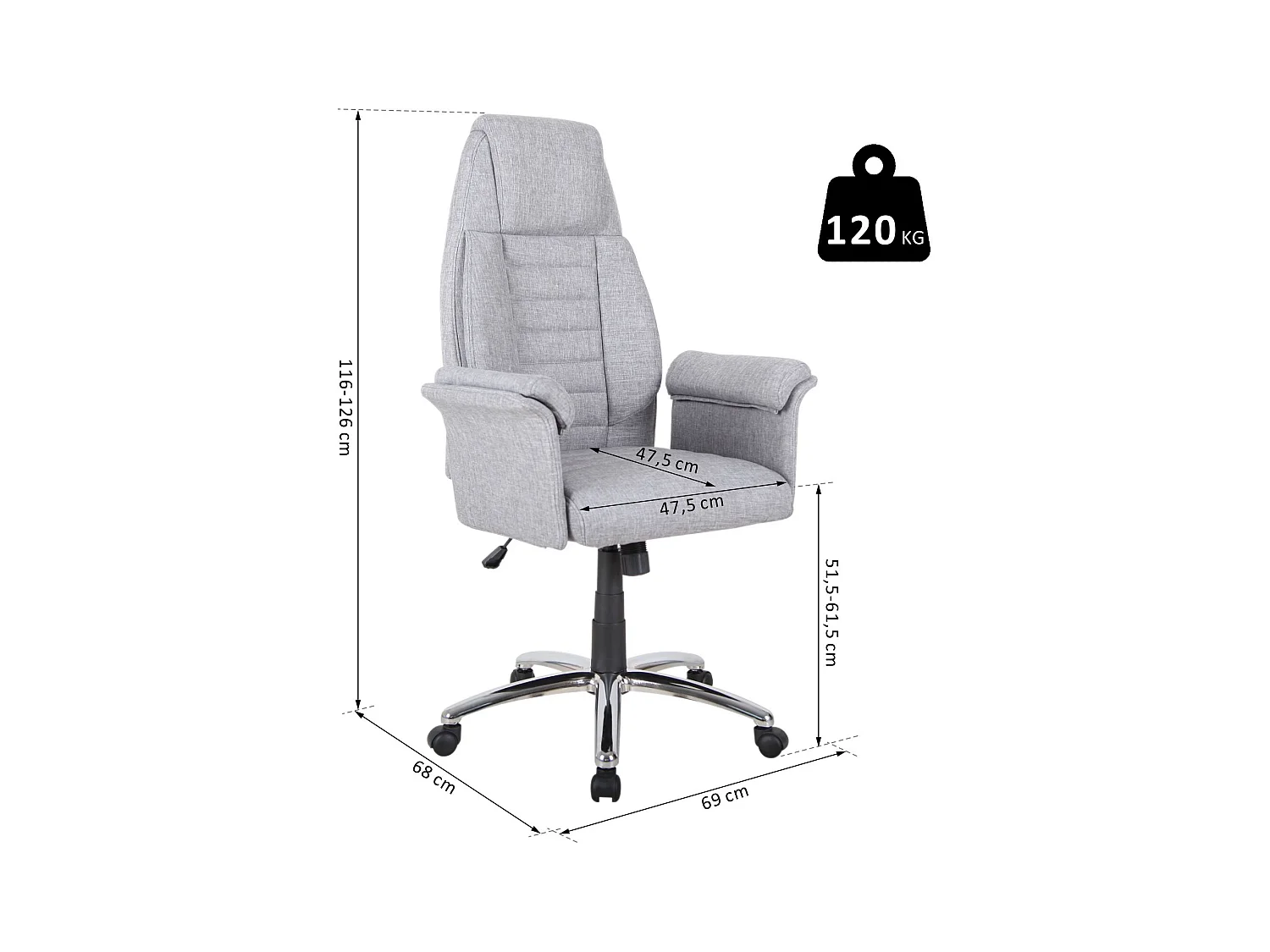 Fauteuil de bureau ergonomique hauteur réglable roulettes pivotantes 69 x 68 x 126 cm gris