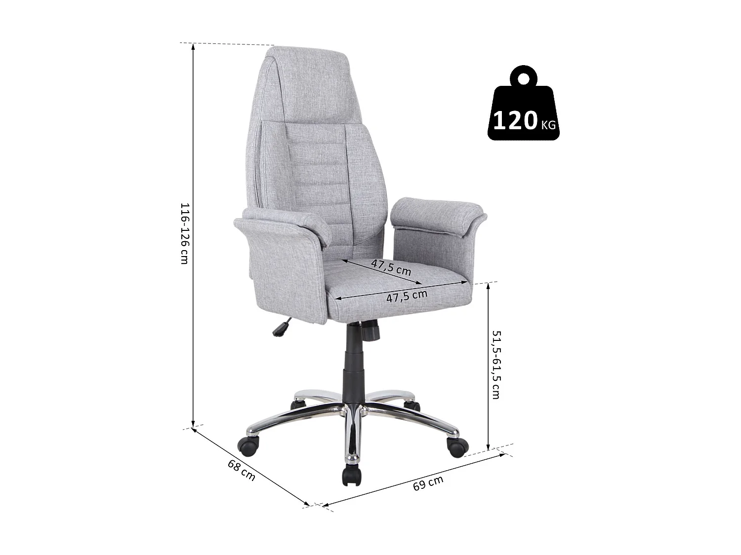 Fauteuil de bureau ergonomique hauteur réglable roulettes pivotantes 69 x 68 x 126 cm gris