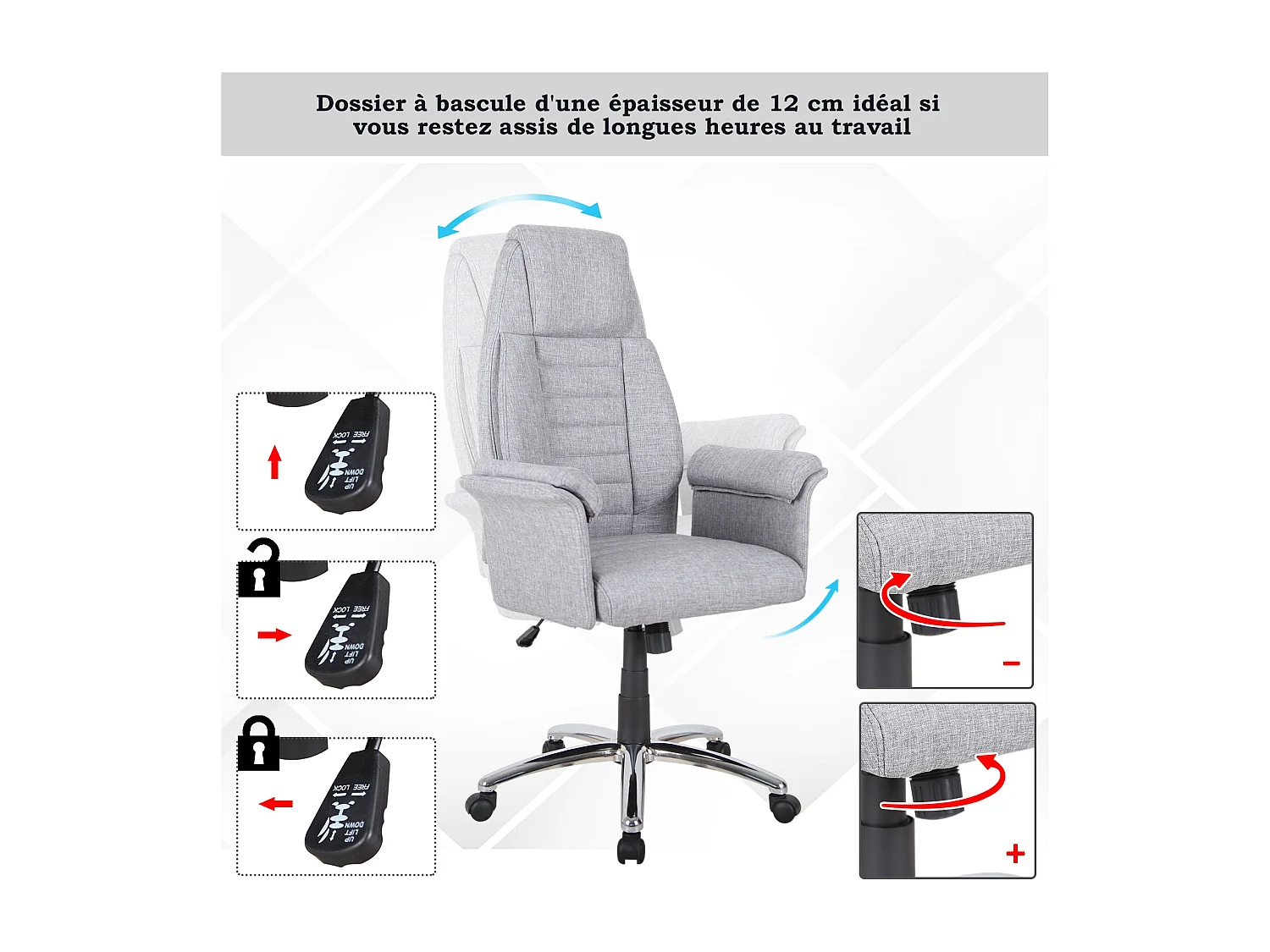 Fauteuil de bureau ergonomique hauteur réglable roulettes pivotantes 69 x 68 x 126 cm gris