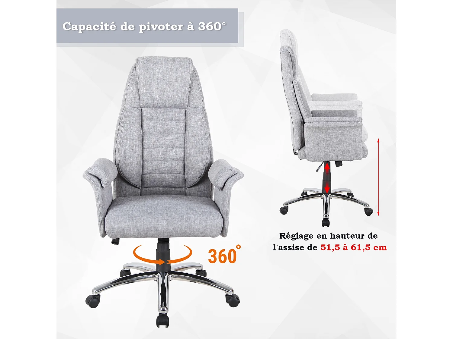 Fauteuil de bureau ergonomique hauteur réglable roulettes pivotantes 69 x 68 x 126 cm gris