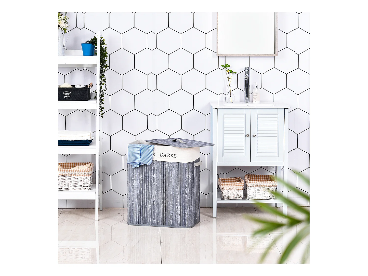 Panier à linge corbeille à linge 2 bacs bambou pliable couvercle poignée sac amovible en toile gris