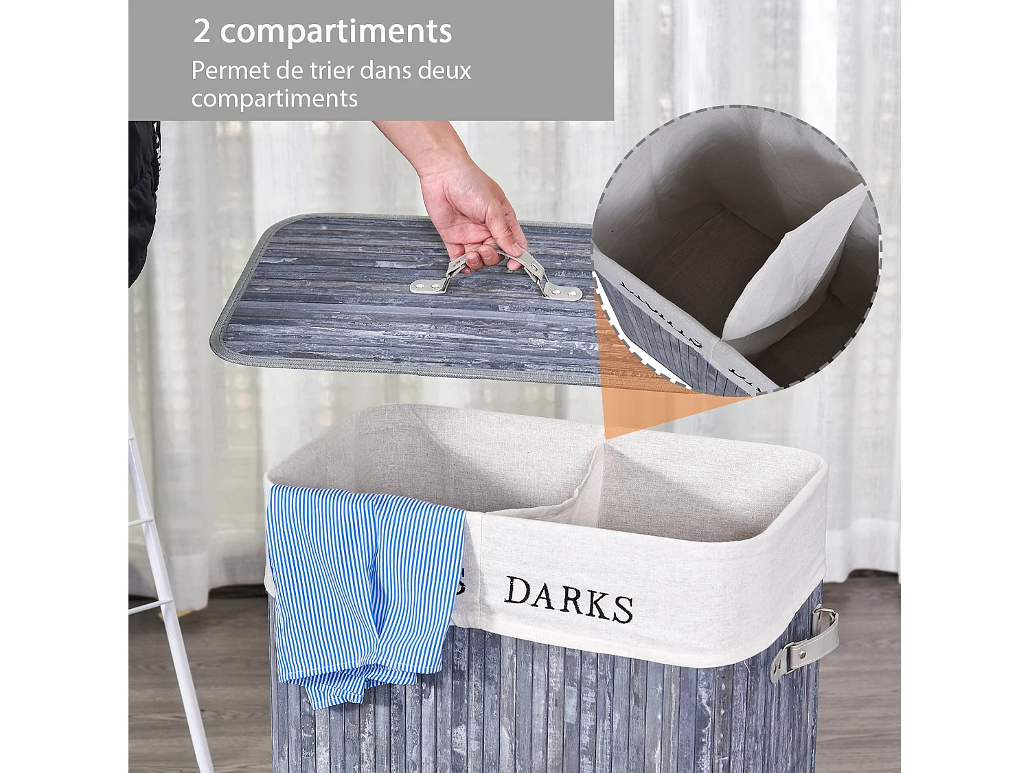 Panier à linge corbeille à linge 2 bacs bambou pliable couvercle poignée sac amovible en toile gris