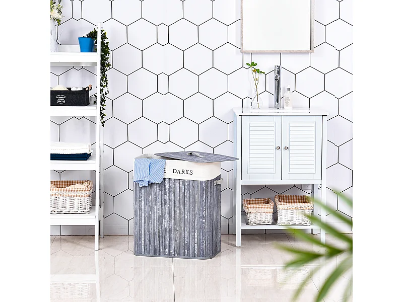 Panier à linge corbeille à linge 2 bacs bambou pliable couvercle poignée sac amovible en toile gris