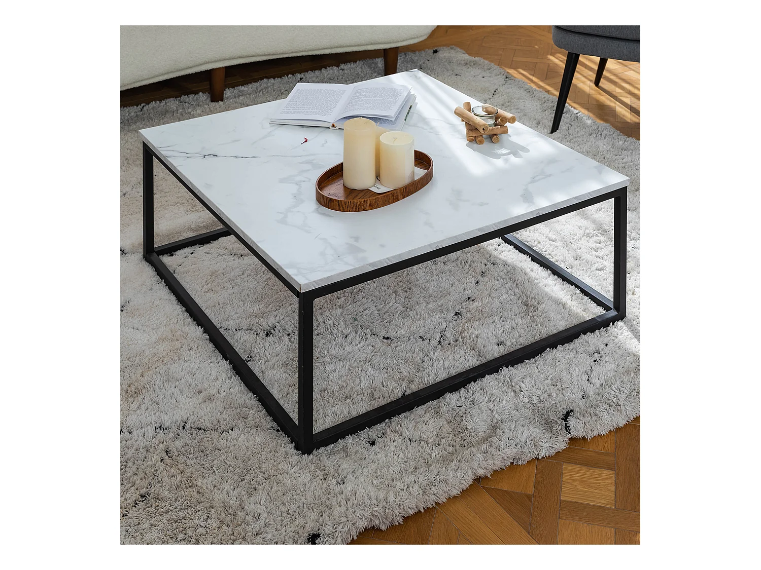 Table Basse carrée de Salon, Bout de Canapé, Style Scandinav, Cadre en Acier noir, finition Marbre, 80 x 80 cm