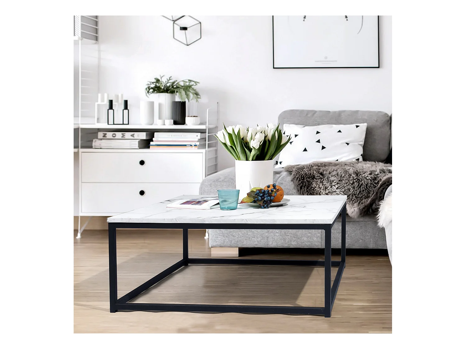 Table Basse carrée de Salon, Bout de Canapé, Style Scandinav, Cadre en Acier noir, finition Marbre, 80 x 80 cm