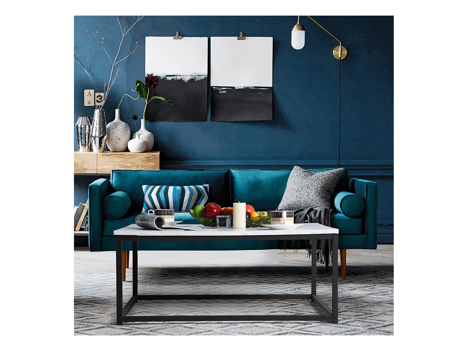 Table Basse carrée de Salon, Bout de Canapé, Style Scandinav, Cadre en Acier noir, finition Marbre, 80 x 80 cm