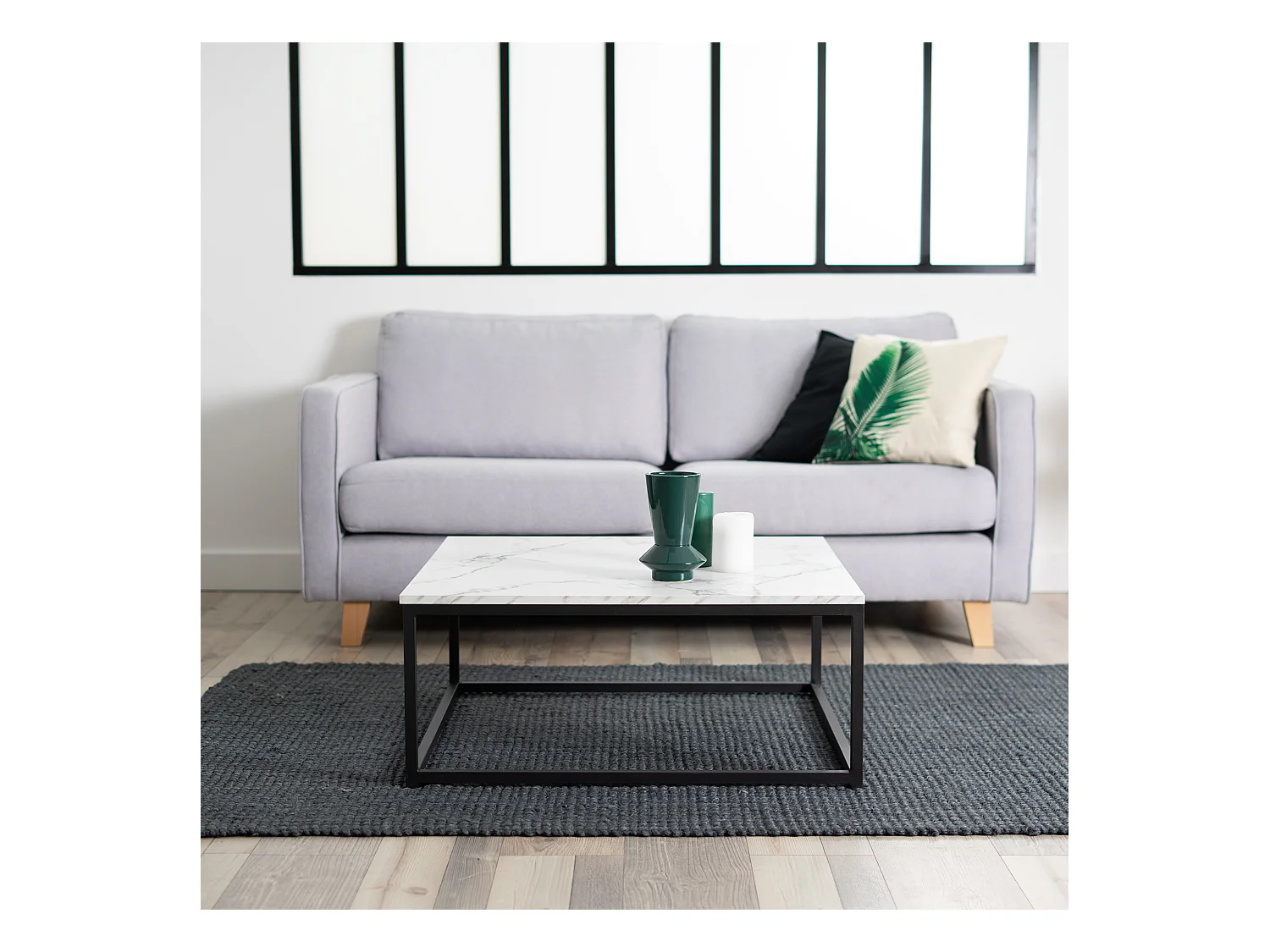 Table Basse carrée de Salon, Bout de Canapé, Style Scandinav, Cadre en Acier noir, finition Marbre, 80 x 80 cm