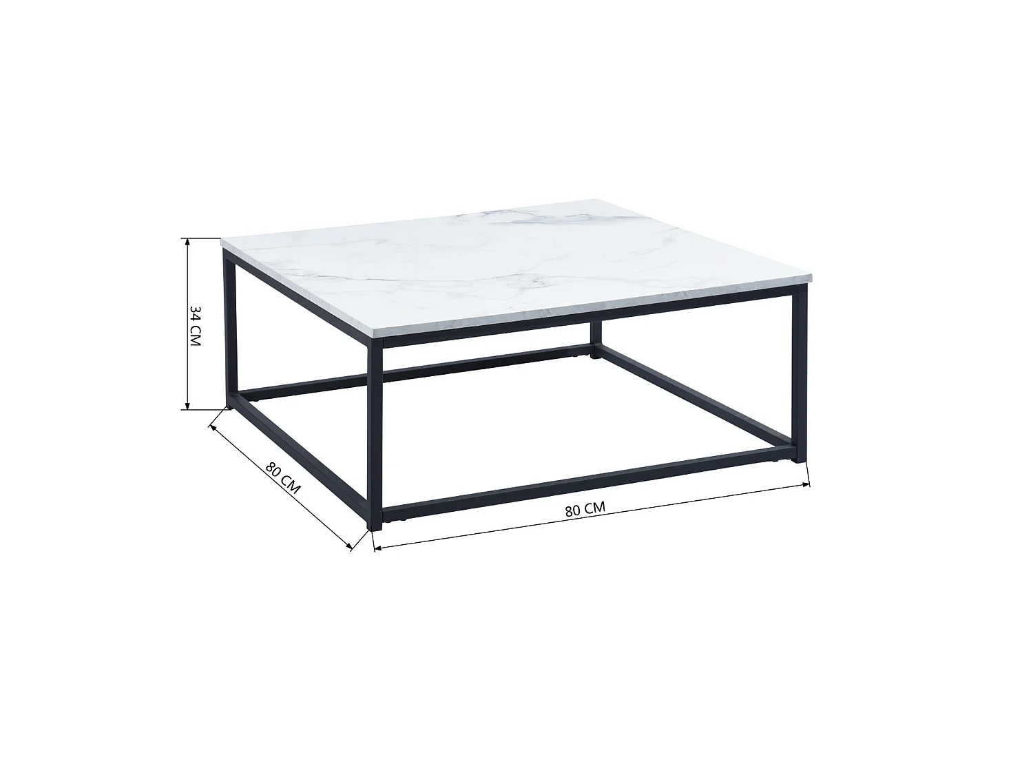 Table Basse carrée de Salon, Bout de Canapé, Style Scandinav, Cadre en Acier noir, finition Marbre, 80 x 80 cm