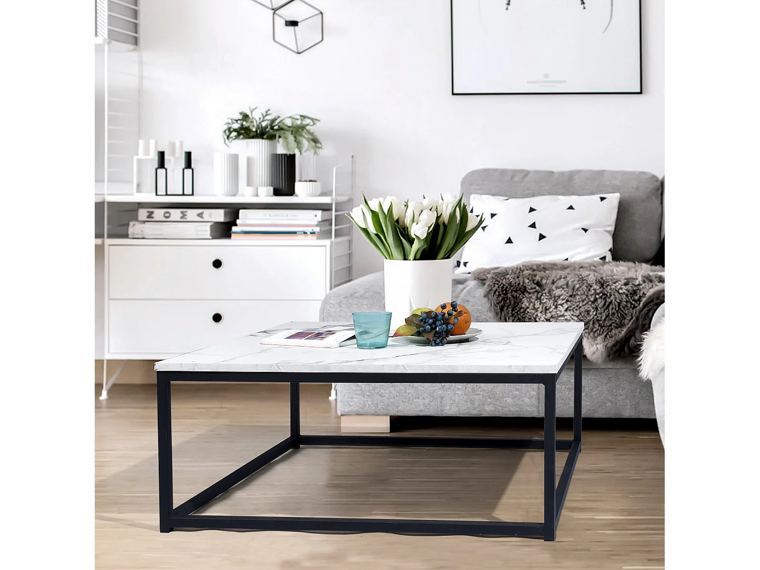 Table Basse carrée de Salon, Bout de Canapé, Style Scandinav, Cadre en Acier noir, finition Marbre, 80 x 80 cm