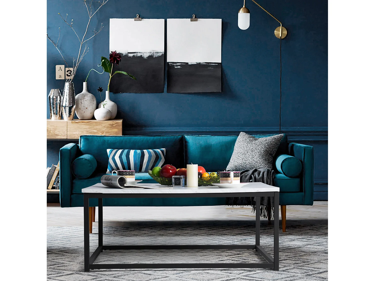 Table Basse carrée de Salon, Bout de Canapé, Style Scandinav, Cadre en Acier noir, finition Marbre, 80 x 80 cm