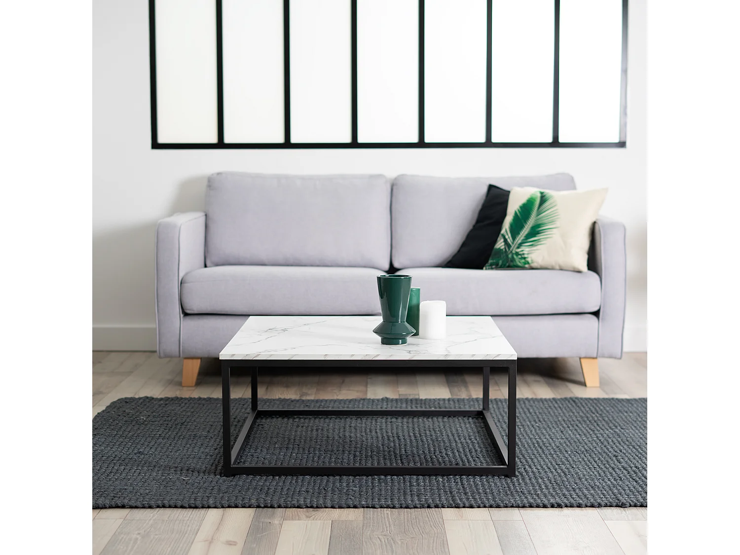 Table Basse carrée de Salon, Bout de Canapé, Style Scandinav, Cadre en Acier noir, finition Marbre, 80 x 80 cm