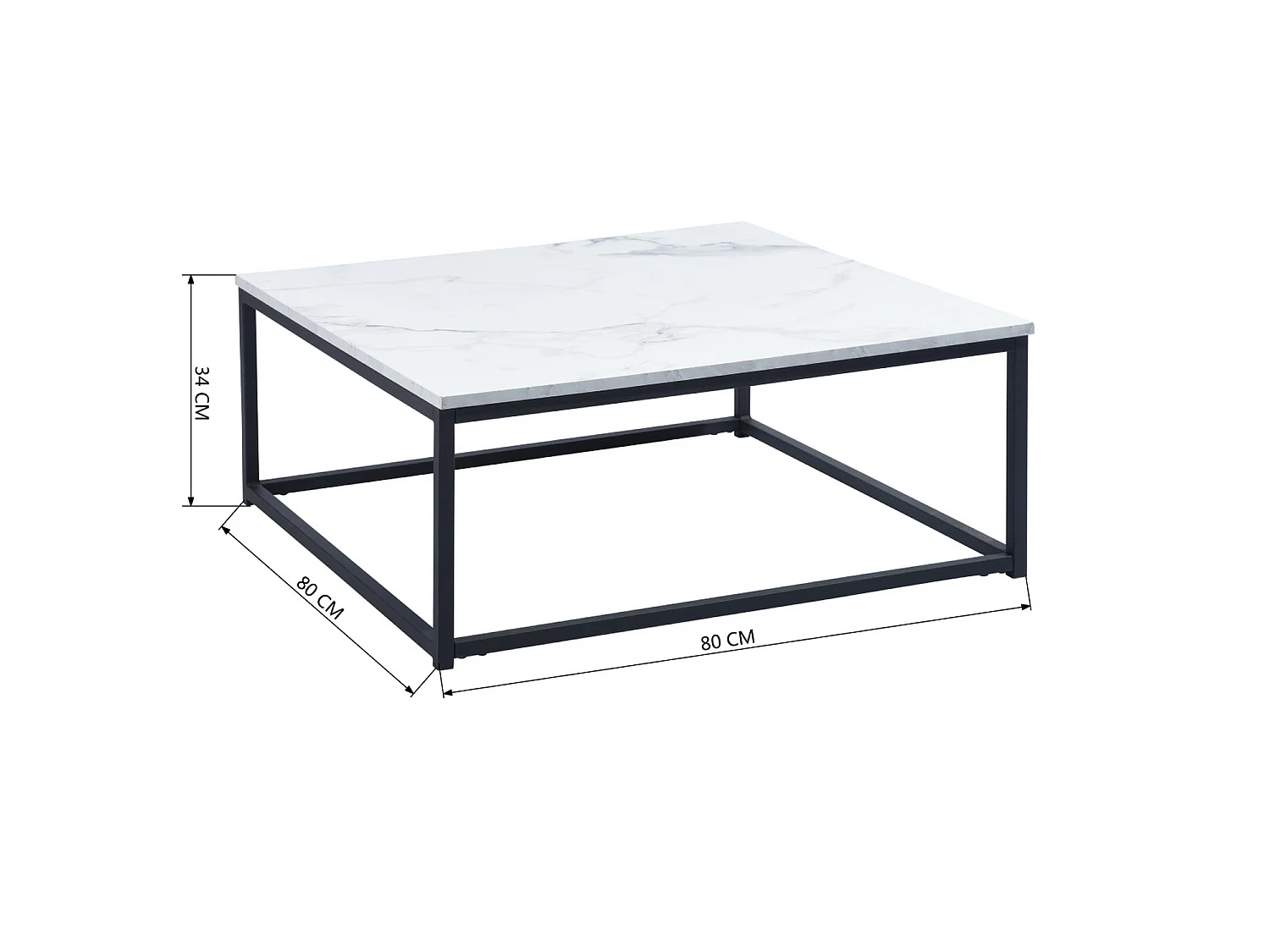 Table Basse carrée de Salon, Bout de Canapé, Style Scandinav, Cadre en Acier noir, finition Marbre, 80 x 80 cm