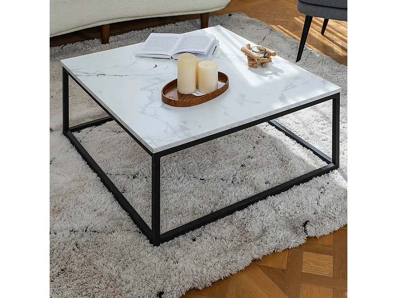 Table Basse carrée de Salon, Bout de Canapé, Style Scandinav, Cadre en Acier noir, finition Marbre, 80 x 80 cm