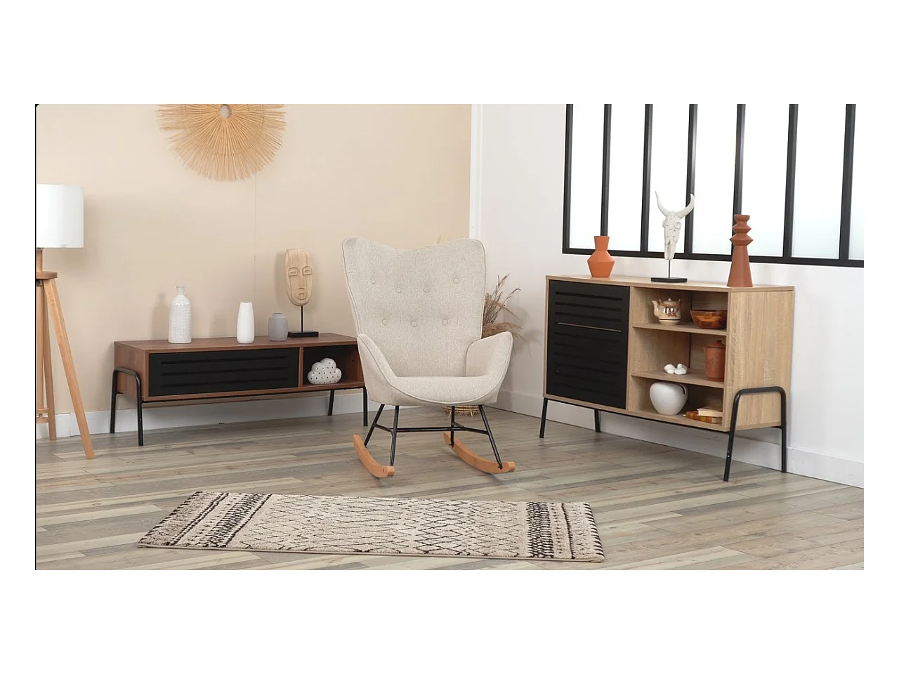 Fauteuil à Bascule Allaitement Scandinave Chaise Loisir et Repos en Tissu avec Pieds en E' Bois Métal pour Salon, Chambre, Massif, Beige, 66x84x97cm