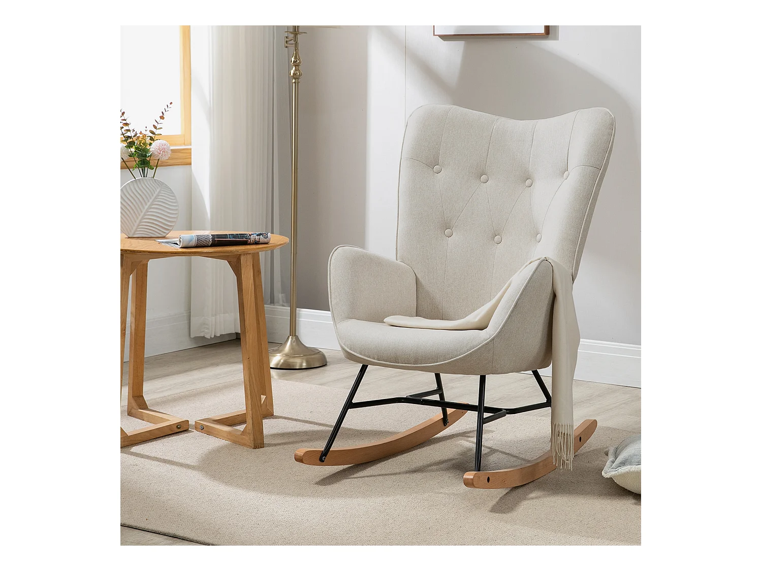 Fauteuil à Bascule Allaitement Scandinave Chaise Loisir et Repos en Tissu avec Pieds en E' Bois Métal pour Salon, Chambre, Massif, Beige, 66x84x97cm