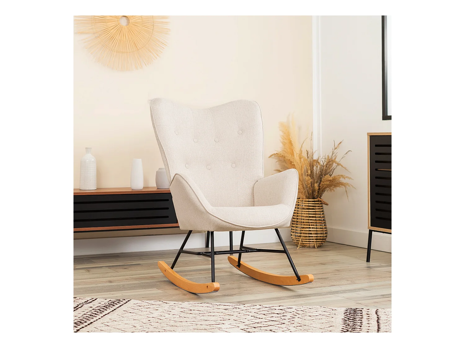 Fauteuil à Bascule Allaitement Scandinave Chaise Loisir et Repos en Tissu avec Pieds en E' Bois Métal pour Salon, Chambre, Massif, Beige, 66x84x97cm