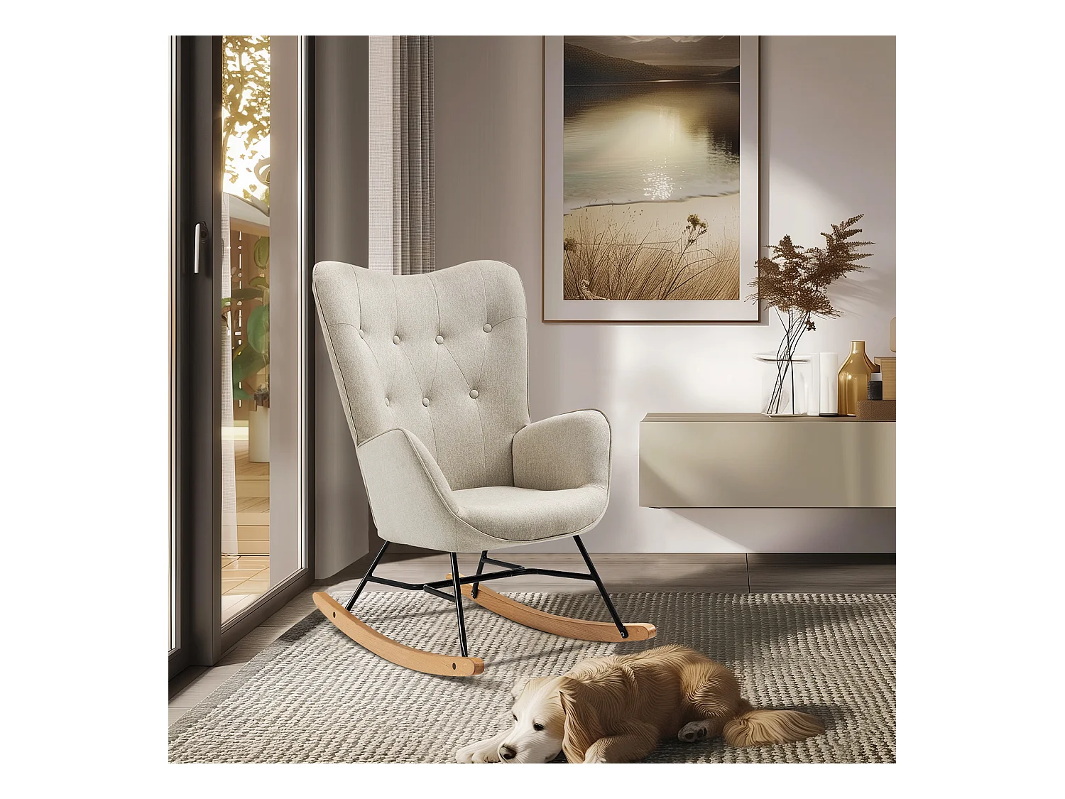 Fauteuil à Bascule Allaitement Scandinave Chaise Loisir et Repos en Tissu avec Pieds en E' Bois Métal pour Salon, Chambre, Massif, Beige, 66x84x97cm