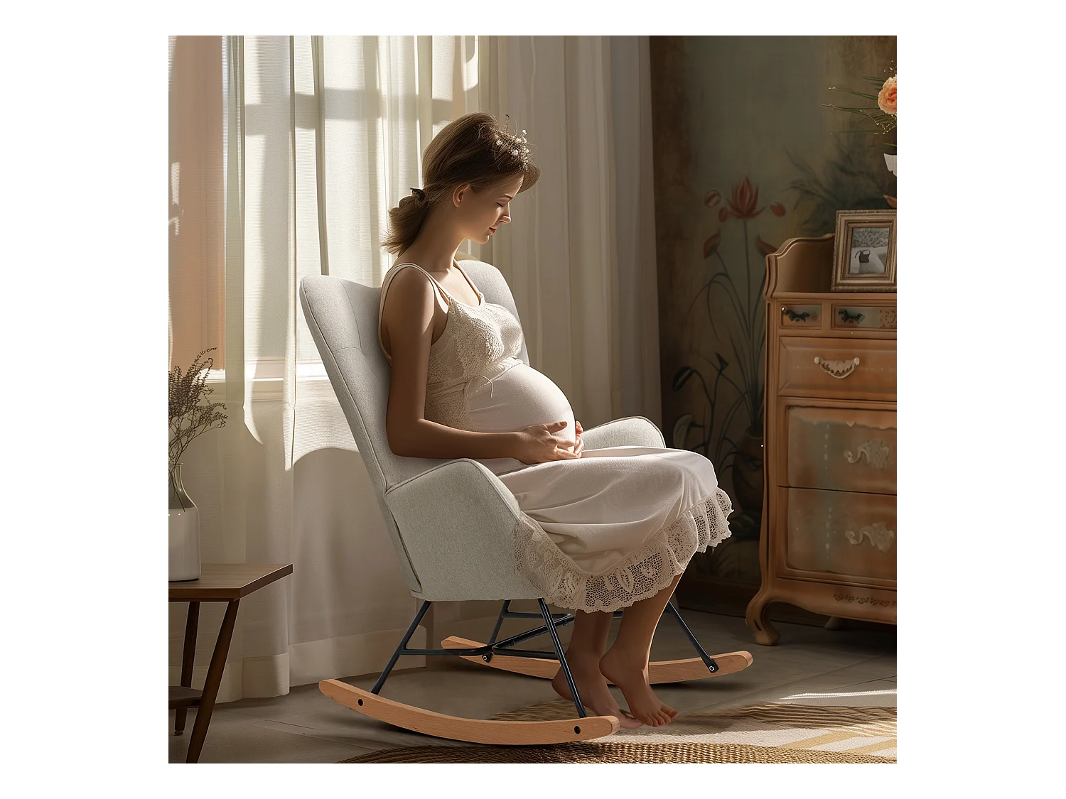 Fauteuil à Bascule Allaitement Scandinave Chaise Loisir et Repos en Tissu avec Pieds en E' Bois Métal pour Salon, Chambre, Massif, Beige, 66x84x97cm