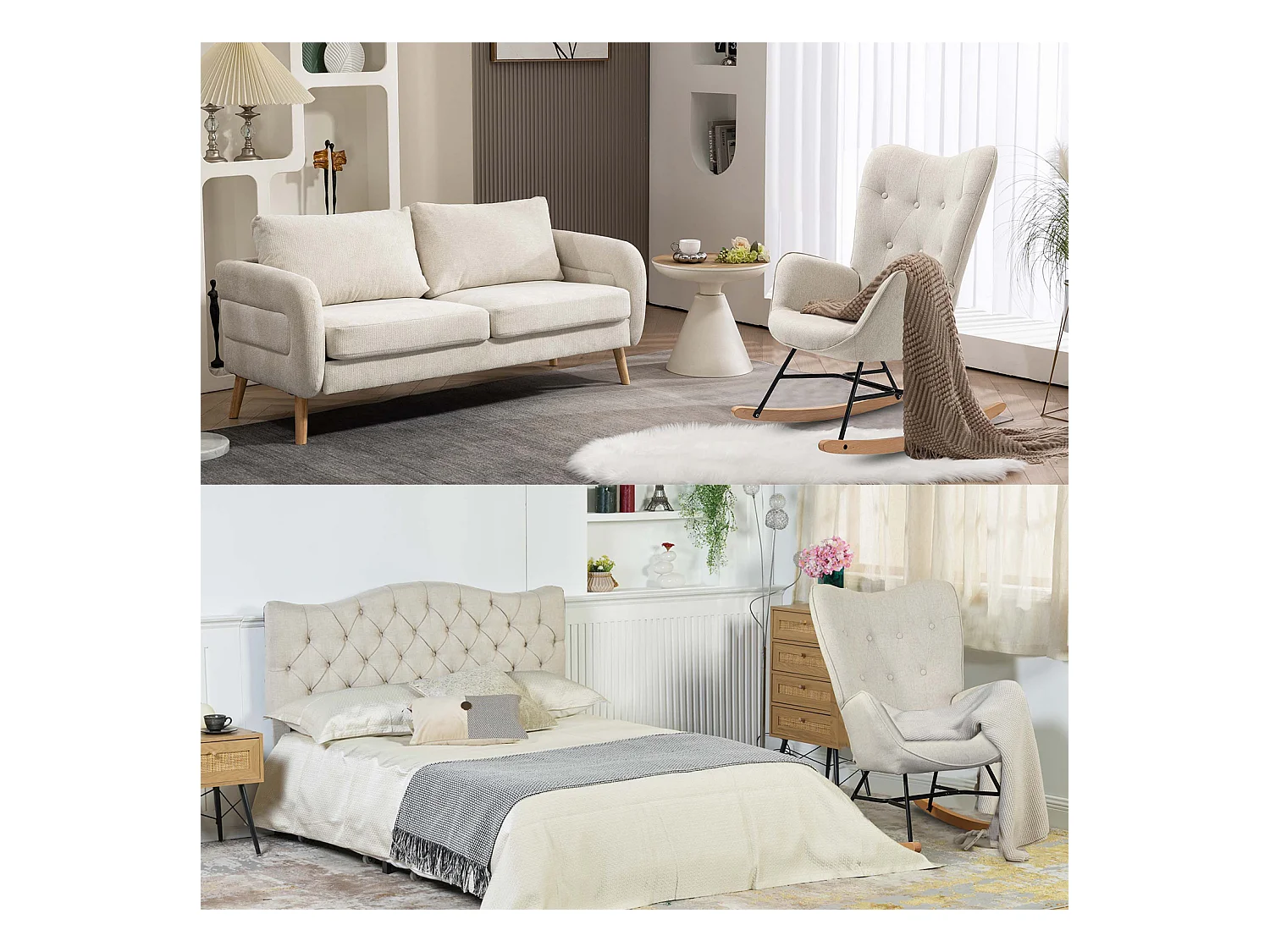 Fauteuil à Bascule Allaitement Scandinave Chaise Loisir et Repos en Tissu avec Pieds en E' Bois Métal pour Salon, Chambre, Massif, Beige, 66x84x97cm