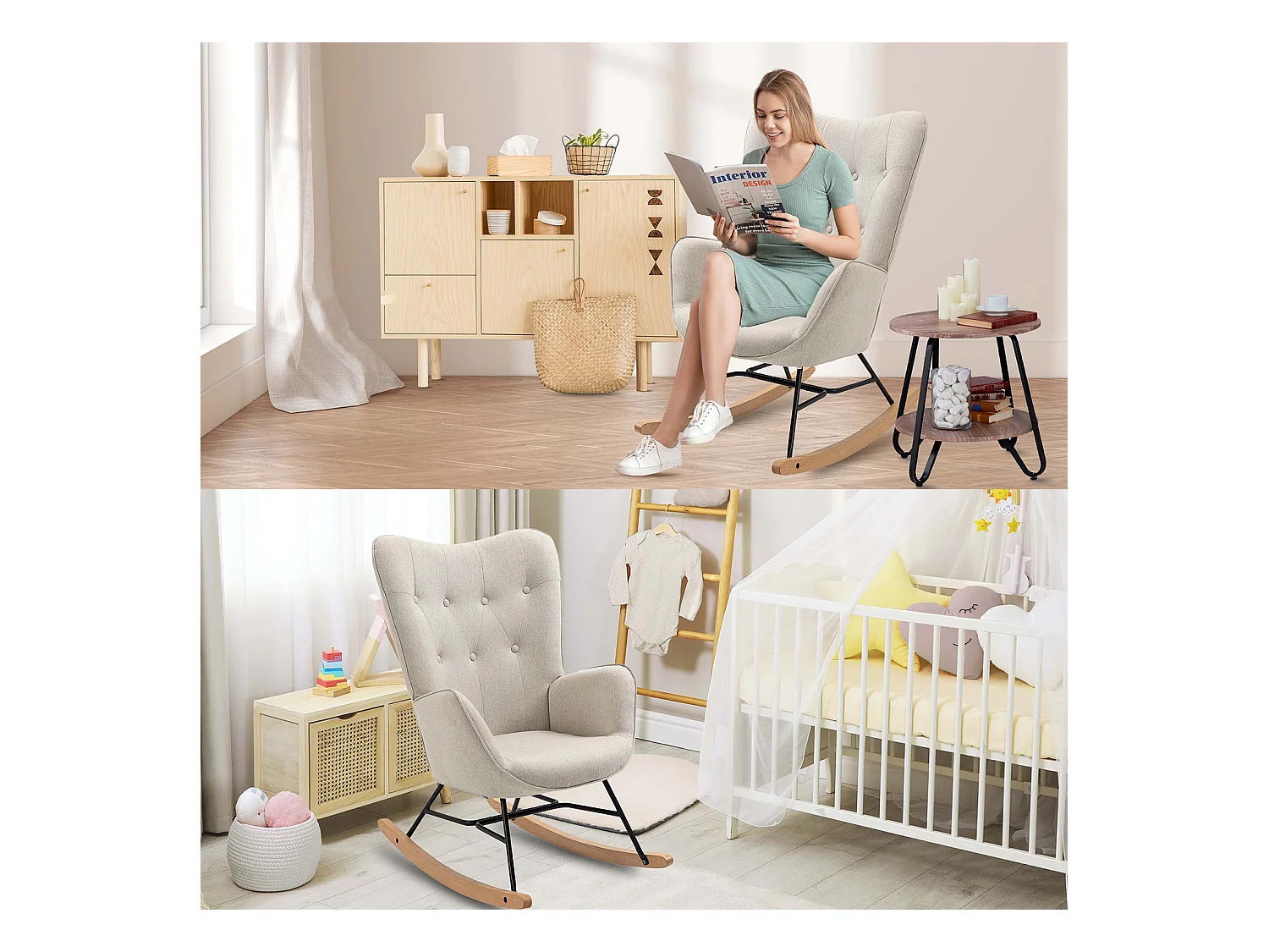 Fauteuil à Bascule Allaitement Scandinave Chaise Loisir et Repos en Tissu avec Pieds en E' Bois Métal pour Salon, Chambre, Massif, Beige, 66x84x97cm