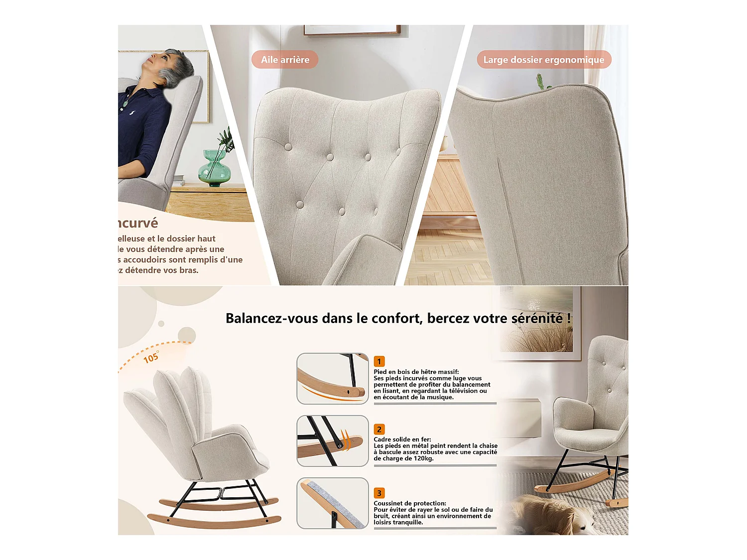 Fauteuil à Bascule Allaitement Scandinave Chaise Loisir et Repos en Tissu avec Pieds en E' Bois Métal pour Salon, Chambre, Massif, Beige, 66x84x97cm