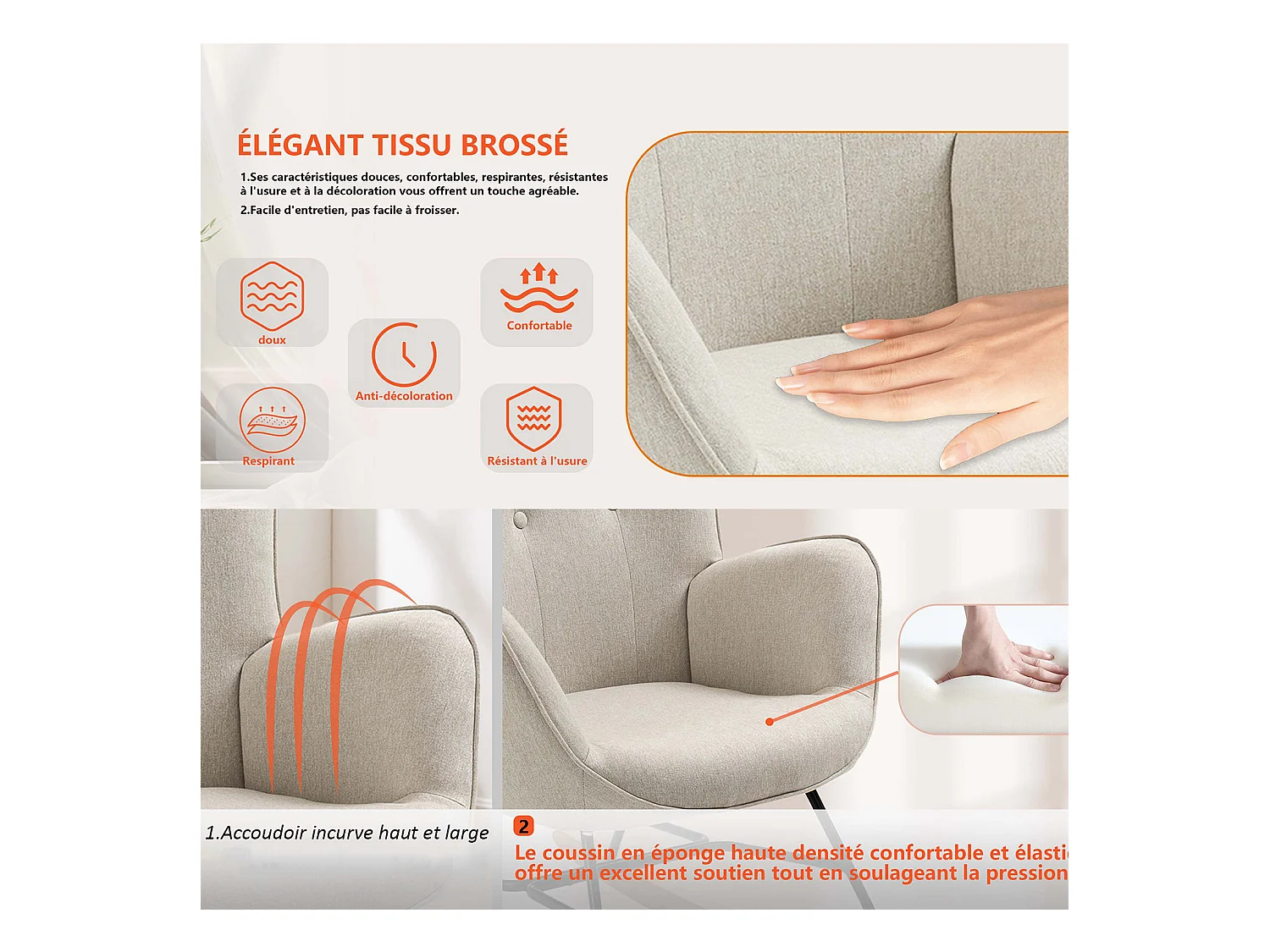 Fauteuil à Bascule Allaitement Scandinave Chaise Loisir et Repos en Tissu avec Pieds en E' Bois Métal pour Salon, Chambre, Massif, Beige, 66x84x97cm