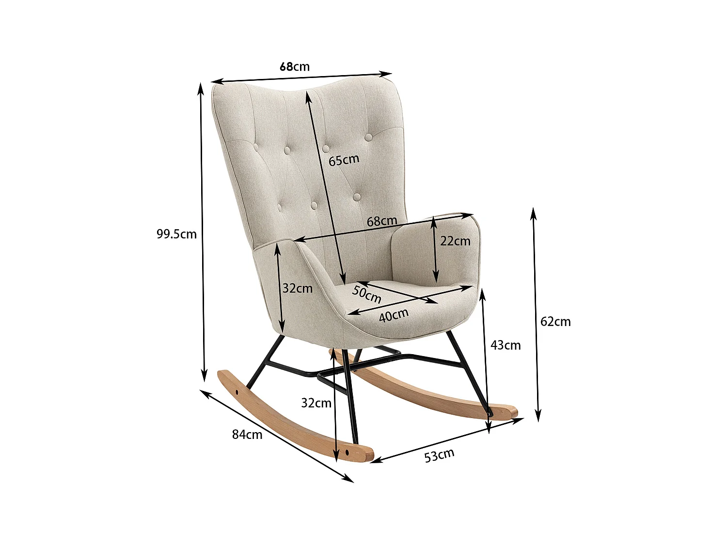 Fauteuil à Bascule Allaitement Scandinave Chaise Loisir et Repos en Tissu avec Pieds en E' Bois Métal pour Salon, Chambre, Massif, Beige, 66x84x97cm