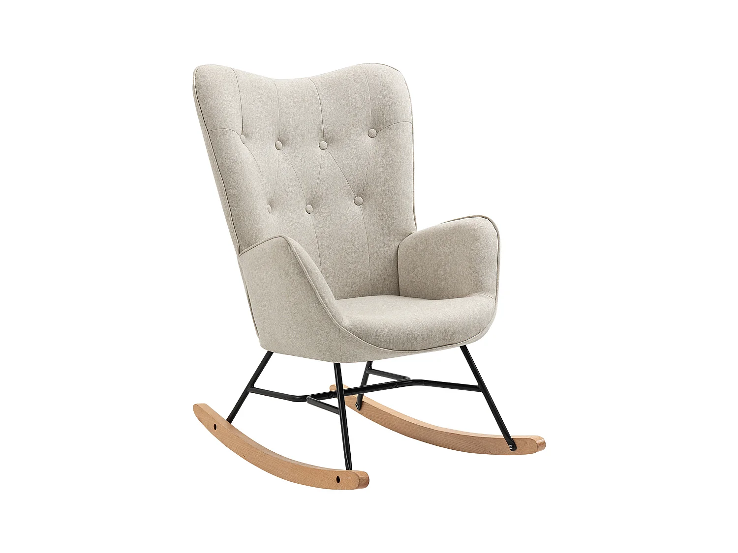 Fauteuil à Bascule Allaitement Scandinave Chaise Loisir et Repos en Tissu avec Pieds en E' Bois Métal pour Salon, Chambre, Massif, Beige, 66x84x97cm