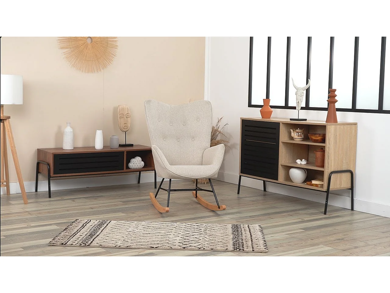 MEUBLES COSY Fauteuil à bascule allaitement rocking chair scandinave en tissu, chaise de loisir avec pieds en bois massif, Beige