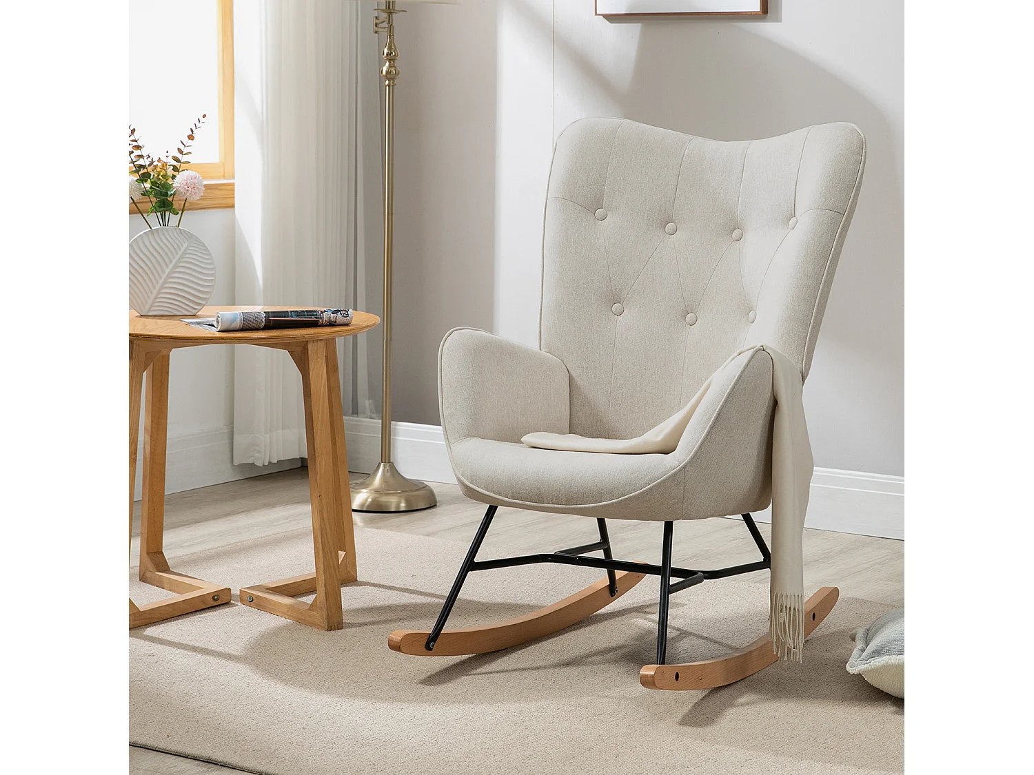 MEUBLES COSY Fauteuil à bascule allaitement rocking chair scandinave en tissu, chaise de loisir avec pieds en bois massif, Beige
