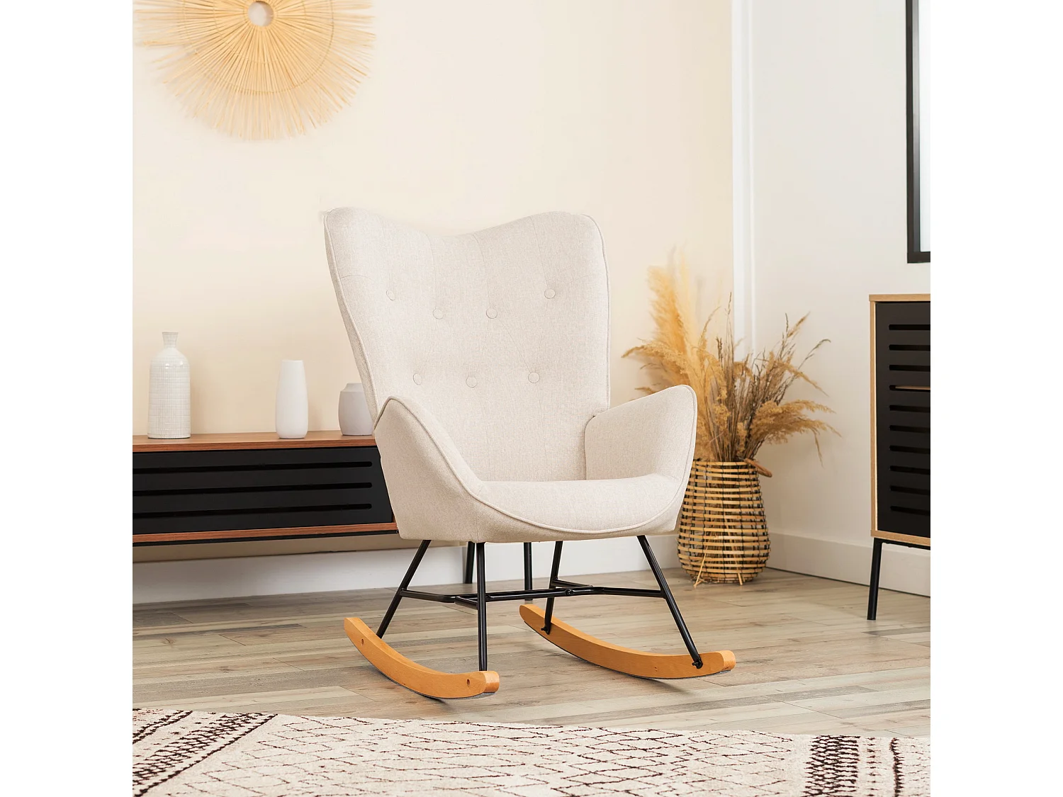 MEUBLES COSY Fauteuil à bascule allaitement rocking chair scandinave en tissu, chaise de loisir avec pieds en bois massif, Beige