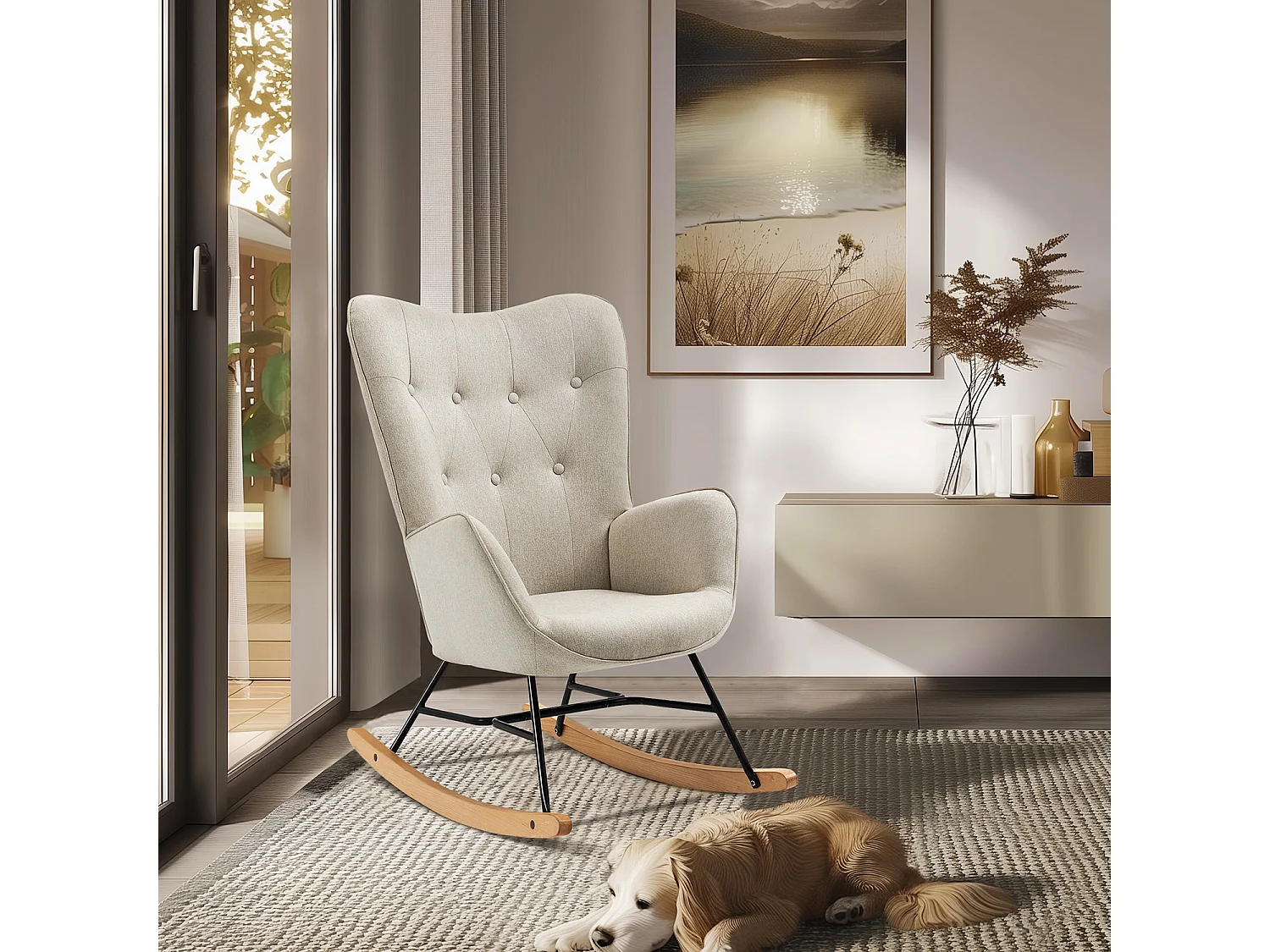 MEUBLES COSY Fauteuil à bascule allaitement rocking chair scandinave en tissu, chaise de loisir avec pieds en bois massif, Beige