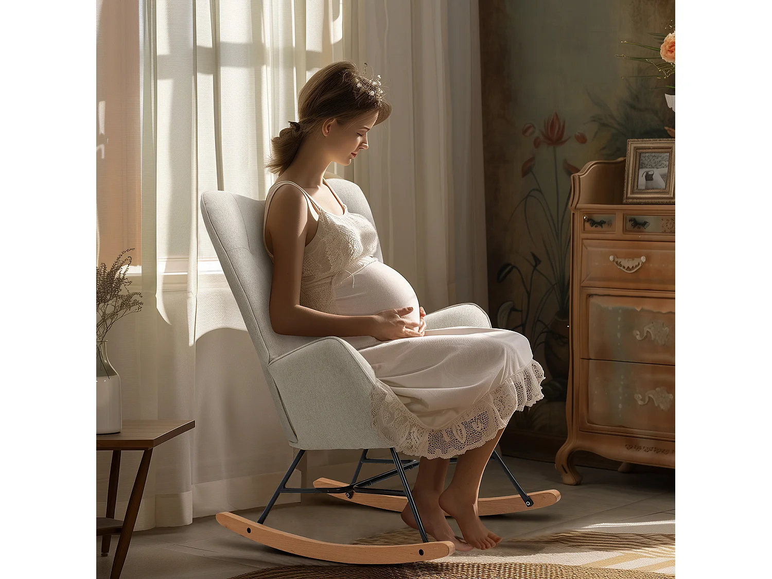 MEUBLES COSY Fauteuil à bascule allaitement rocking chair scandinave en tissu, chaise de loisir avec pieds en bois massif, Beige