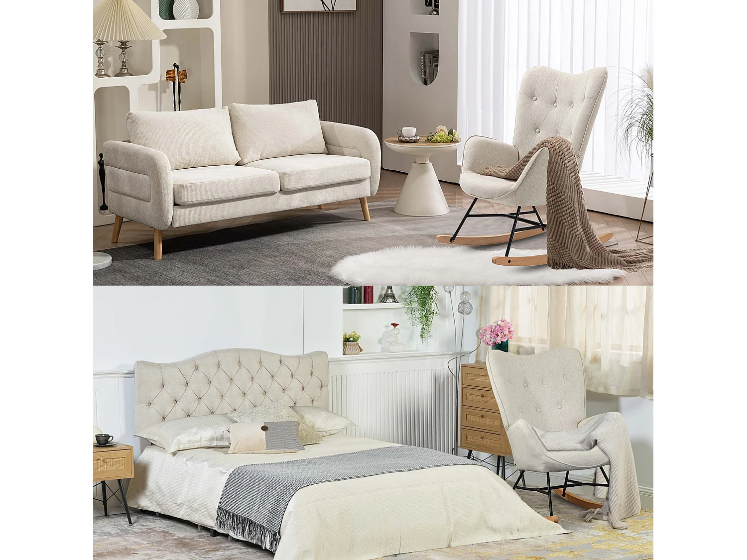 MEUBLES COSY Fauteuil à bascule allaitement rocking chair scandinave en tissu, chaise de loisir avec pieds en bois massif, Beige