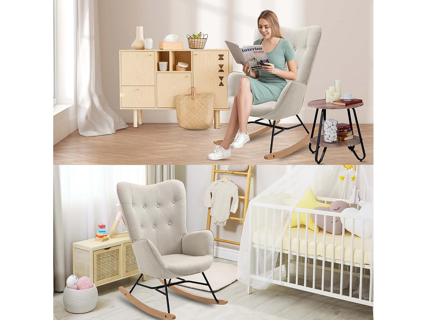 MEUBLES COSY Fauteuil à bascule allaitement rocking chair scandinave en tissu, chaise de loisir avec pieds en bois massif, Beige