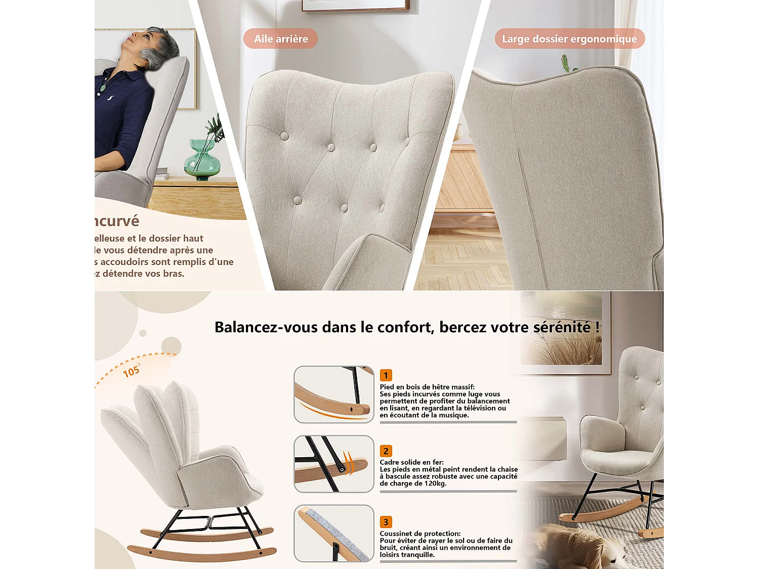 MEUBLES COSY Fauteuil à bascule allaitement rocking chair scandinave en tissu, chaise de loisir avec pieds en bois massif, Beige