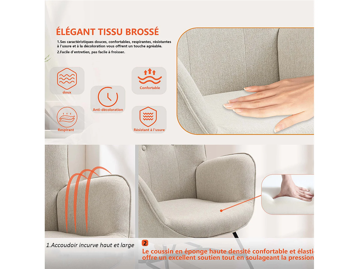 MEUBLES COSY Fauteuil à bascule allaitement rocking chair scandinave en tissu, chaise de loisir avec pieds en bois massif, Beige