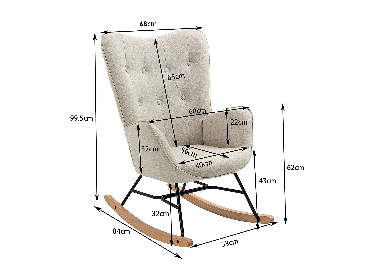 MEUBLES COSY Fauteuil à bascule allaitement rocking chair scandinave en tissu, chaise de loisir avec pieds en bois massif, Beige