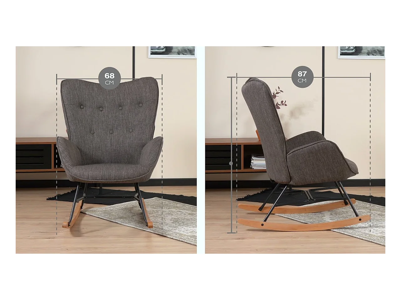 Fauteuil à bascule style Rocking chair - Style Scandinave - Tissu gris - Pieds en véritable bois de hêtre , Gris foncé Tissu /Gris foncé Tissu