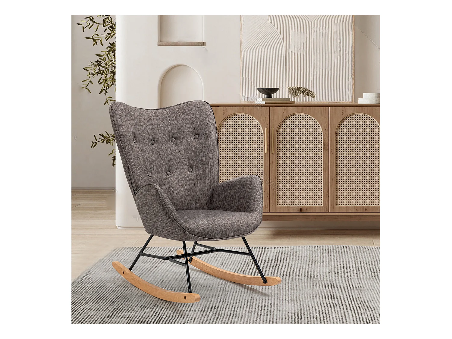 Fauteuil à bascule style Rocking chair - Style Scandinave - Tissu gris - Pieds en véritable bois de hêtre , Gris foncé Tissu /Gris foncé Tissu
