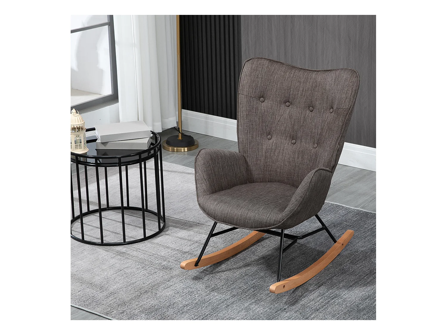 Fauteuil à bascule style Rocking chair - Style Scandinave - Tissu gris - Pieds en véritable bois de hêtre , Gris foncé Tissu /Gris foncé Tissu