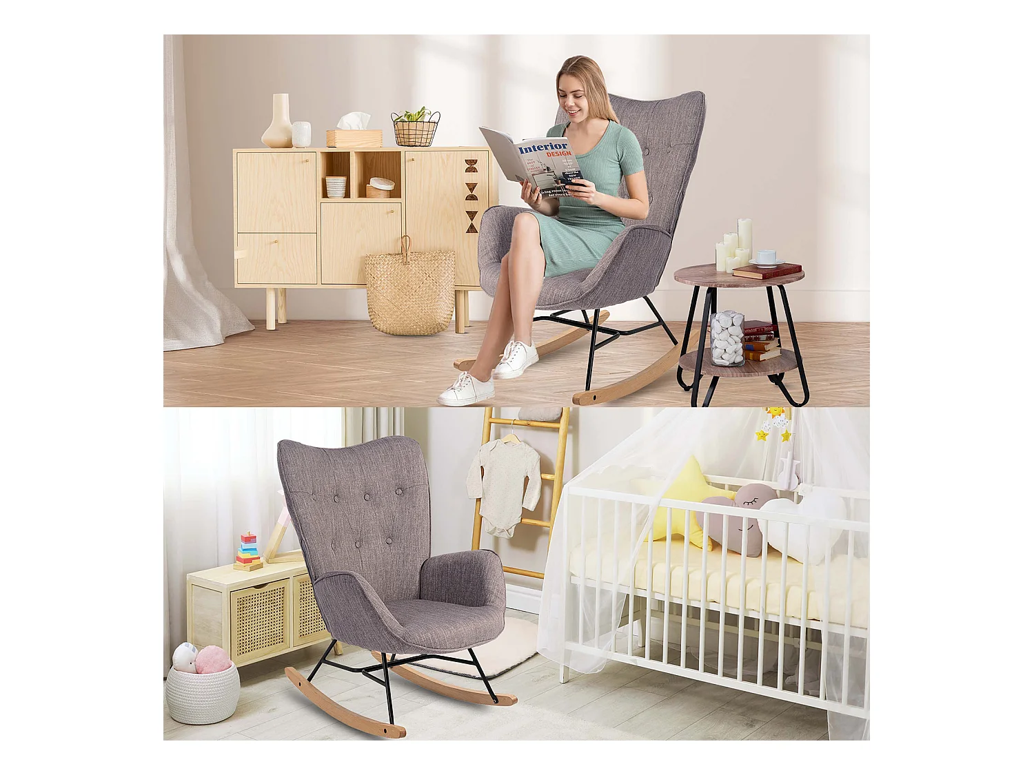 Fauteuil à bascule style Rocking chair - Style Scandinave - Tissu gris - Pieds en véritable bois de hêtre , Gris foncé Tissu /Gris foncé Tissu