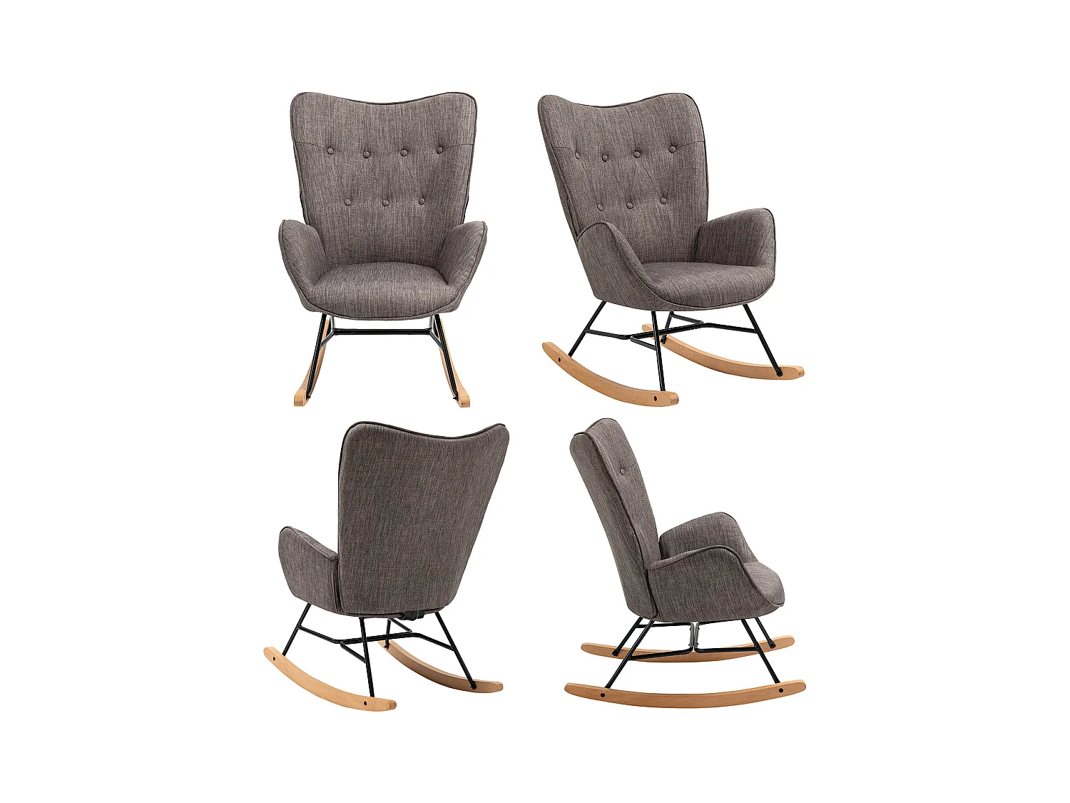 Fauteuil à bascule style Rocking chair - Style Scandinave - Tissu gris - Pieds en véritable bois de hêtre , Gris foncé Tissu /Gris foncé Tissu