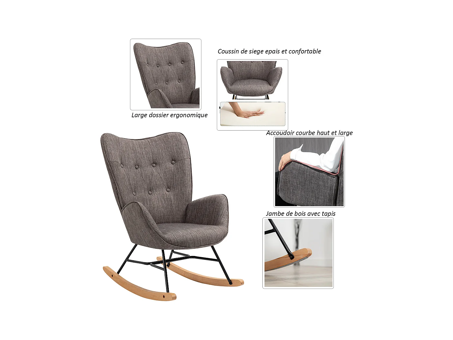 Fauteuil à bascule style Rocking chair - Style Scandinave - Tissu gris - Pieds en véritable bois de hêtre , Gris foncé Tissu /Gris foncé Tissu