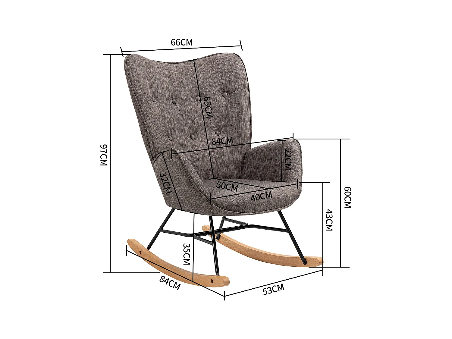 Fauteuil à bascule style Rocking chair - Style Scandinave - Tissu gris - Pieds en véritable bois de hêtre , Gris foncé Tissu /Gris foncé Tissu